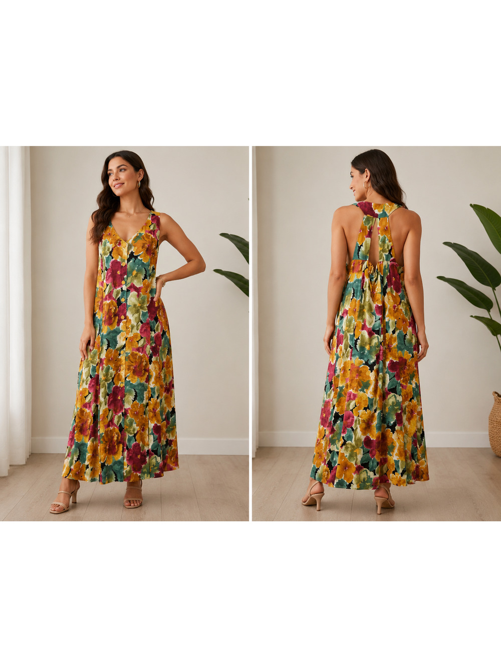 Vintage Cut Out Back Garden Floral V Neck Bold Print Maxi Dress Plus Size 2X
